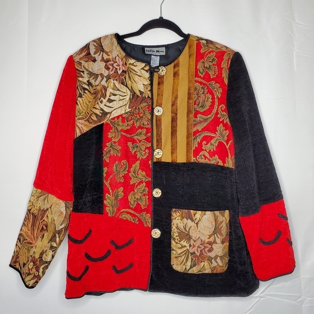 Indigo Moon Patchwork Textured Jacket Size L Pock… - image 1